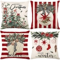 Set of four Christmas cushion covers with festive trees and birds for holiday home decor - 45*45cm (Insert Not Included) / Red-Green Classic Striped Series (JYM648 Serie)