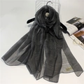 Detailed view of dark grey mulberry silk and wool scarf with fine horizontal texture - 190cm x 90cm / Black