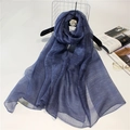 Detailed texture of dark blue silk wool scarf showing semi-transparent woven fabric - 190cm x 90cm / Navy Blue