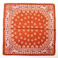Close-up of orange paisley silk scarf with geometric floral patterns on white background - 70x70cm / Orange Red