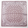 Close-up of square lavender paisley silk scarf with glossy finish on a white background - 70x70cm / Taro Purple