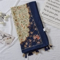Vintage floral cotton linen scarf with blue tassels and elegant small flower patterns - Floral Color Block Tassel Style (SL2111-036) / 180*95cm