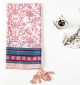 Sciarpa donna in cotone e lino con stampa floreale, nappine e motivi etnici eleganti - Motivo Floreale Totem Rosa