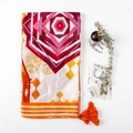 Yellow geometric cotton linen scarf with red fringe tassels for summer sun protection - 180x100cm / Yellow Geometric Print