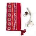 Detail of red ethnic print scarf with tassel edge on white background with magazine - 180x100cm / Navy Blue