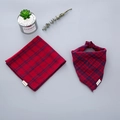 Detail of red and blue checkered cotton bandana showing folded and knotted styles - 45x45cm / Double Sided Red Plaid