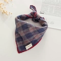 Close-up of retro plaid cotton linen scarf with red overlock stitching and woven label - 45x45cm / Red Blue Large Plaid