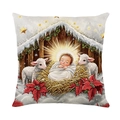 Quadratischer Leinen-Kissenbezug mit Krippenmotiv und Heiligem Kind auf weißem Hintergrund - Weihnachtskrippe 2 (JYM649-2)