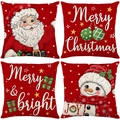 Vierteiliges Set rote Weihnachts-Kissenbezüge mit Weihnachtsmann und Schneemann - Kombination 14