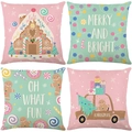 Set of four pastel Christmas pillow covers with gingerbread houses and holiday greetings - 45*45cm (Insert Not Included) / Macaron Color Gingerbread House Series (JYM653 Serie)