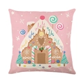 Pink faux linen Christmas pillowcase with gingerbread house and candy patterns - Pink Gingerbread House Style (JYM653-1)