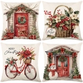 Set of four Christmas throw pillow covers with festive red and green holiday illustrations - 45*45cm (Insert Not Included) / Vintage Bicycle and Porch Series (JYM650 Serie)