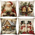 Set of four Christmas throw pillow covers with Santa, bells, cottage, and snowman prints - 45*45cm (Insert Not Included) / Vintage Snow Scene Series (JYM657 Serie)