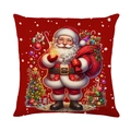 Vierkante kerstkussensloop met kerstman en cadeauzak op rode linnen achtergrond stof - Rode Kerstman Patroon (JYM654-4)