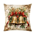 Christmas pillowcase featuring golden bells and red ribbon bow on linen fabric texture - Golden Bells Style (JYM658-3)