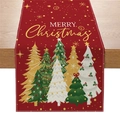 Festive red linen table runner with Merry Christmas text and colorful tree patterns - Bright Red Merry Christmas Tree (ZQ037-2)