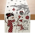 Christmas table runner with snowman and pine design featuring Joy to the World text - Beige Hand-painted Snowman (ZQ037-3)