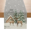Christmas table runner with reindeer and snow cabin motifs on grey linen fabric - Grey Reindeer Snow House (ZQ037-8)