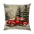 Vintage kerstkussensloop met rode vrachtwagen en feestelijke geschenken in de sneeuw - 45x45 cm / Vintage Vrachtwagen (JYM663-2)