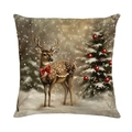 Vintage kussenhoes met een rendier en besneeuwde kerstboom op linnen textuur - 45x45 cm / Sneeuwhert (JYM663-3)
