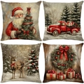 4er-Set Vintage-Weihnachtskissenbezüge mit rotem Truck und Rentier auf Leinen - Kombination 12