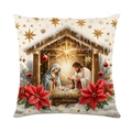 Weihnachtlicher Kissenbezug mit Krippenmotiv auf beigem Leinenstoff für Deko-Zwecke - Weihnachtskrippe 1 (JYM649-1)