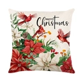Housse de coussin de Noël en lin avec oiseaux cardinaux, poinsettias et Merry Christmas - 45x45cm / Style Oiseau Joyeux Noël (JYM645-1)