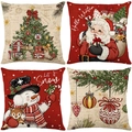 Juego de 4 fundas de cojín navideñas vintage con motivos de Papá Noel y árbol en tela beige - 45*45cm (Relleno no incluido) / Serie Árbol de Navidad y Papá Noel (JYM541 Series)