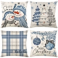 Juego de 4 fundas de cojín navideñas con muñeco de nieve y árbol en azul y beige - 45*45cm (Relleno no incluido) / Serie Navidad Moderna Azul y Blanco (JYM494 Serie)