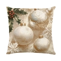 Kerst kussensloop met ornamenten, hulst en rode bessen op linnen textuur hoes - Kerstballen Patroon (JYM656-1) / 45x45CM Zonder Kussenvulling