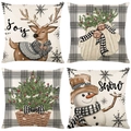 Juego de 4 fundas de cojín navideñas con diseños de renos, muñecos de nieve y cuadros - 45*45cm (Relleno no incluido) / Serie Ilustración Reno y Muñeco de Nieve (JYM347 Serie)