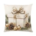 Kerst kussenhoes met geschenkdoos, dennenappels en gouden bollen op beige stof - Geschenkdoos en Dennenappel Patroon (JYM656-2) / 45x45CM Zonder Kussenvulling