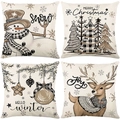 Set of four Christmas pillow covers with retro snowman and reindeer prints in beige - 45*45cm (Insert Not Included) / Vintage Hand-painted Reindeer and Snowman Series (JYM637 Serie)