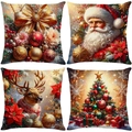Set of 4 festive Christmas pillow covers with Santa, Reindeer and Tree prints - 45*45cm (Insert Not Included) / Warm Tone Holiday Ornament Series (JYM670 Serie)