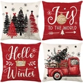 Set of 4 Christmas pillow covers with red truck and tree designs on linen fabric - 45*45cm (Insert Not Included) / Red Vintage Truck Series (JYM671 Serie)