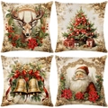 Set of four beige Christmas pillow covers with vintage reindeer and Santa illustrations - 45*45cm (Insert Not Included) / Vintage Hand-painted Illustration Series (JYM658 Serie)