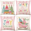 Four-pack of pink Christmas throw pillow covers with festive tree and sleigh illustrations - 45x45 Square (No Insert) / Pink and Blue Macaron Christmas Series (JYM677 Series)
