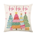 Christmas square pillowcase with four festive trees and Ho Ho Ho text on beige canvas - Christmas Tree and Gift Pattern (JYM677-1)