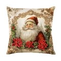 Square cotton linen Christmas pillow case featuring vintage Santa Claus and red poinsettias - Santa Claus Style (JYM658-4)