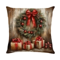 Vintage kerstkussensloop met feestelijke krans en geschenkdozen op houten achtergrond - 45x45 cm / Kerstkrans (JYM663-4)