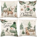 Set of four Christmas cushion covers with reindeer, snowman, and winter motifs - 45*45cm (Insert Not Included) / Watercolor Winter Cabin Series (JYM681 Serie)