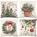 Set of 4 Christmas throw pillow covers with watercolor festive patterns on beige polyester - 45*45cm (Insert Not Included) / Watercolor Wreath and Pine Needle Series (JYM523 Serie)