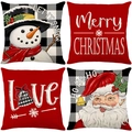 Set of 4 Christmas pillow covers with snowman, Santa, and red buffalo plaid patterns - 45*45cm (Insert Not Included) / Red Plaid Blessing Series (JYM516 Serie)