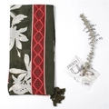 Dark green scarf with white floral pattern, red geometric borders and tassels - Army Green
