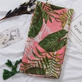 Tropical palm leaf print pink linen scarf with green tassels on white textured background - 180*100cm / Pink and Green Tropical Plant Print