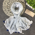 Cotton linen sun protection scarf with geometric square prints and tassels - White