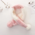 Detail of pink and white plush scarf with fluffy pom-poms on soft white background - 76x11cm / Pink