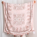 Detail of pink paisley scarf with ethnic patterns and orange white fringe tassels - Bohemian Ethnic Print (SL1906-027)