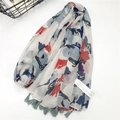 Lightweight cotton linen long scarf with red and blue floral print and fringe tassels - 180*100cm / Abstract Floral Print (White Base)