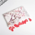 White linen scarf with pink floral patterns and red tassels for summer sun protection - 180x100cm / White Floral (Main Image Color)